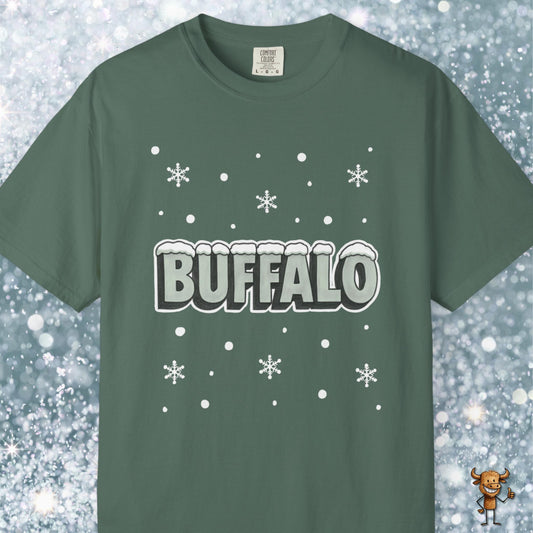 Snowcapped Buffalo word and snowflakes