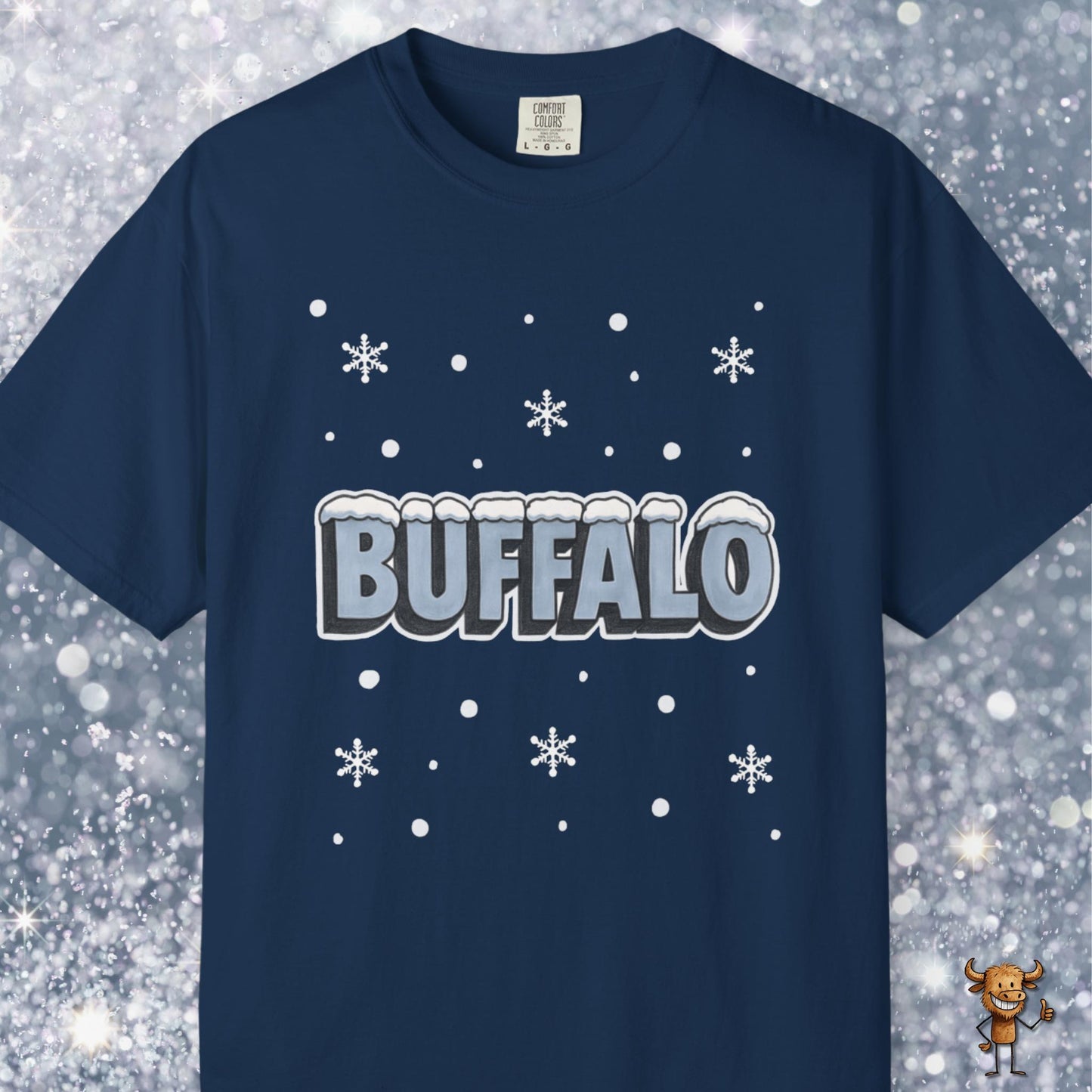 Snowcapped Buffalo word and snowflakes