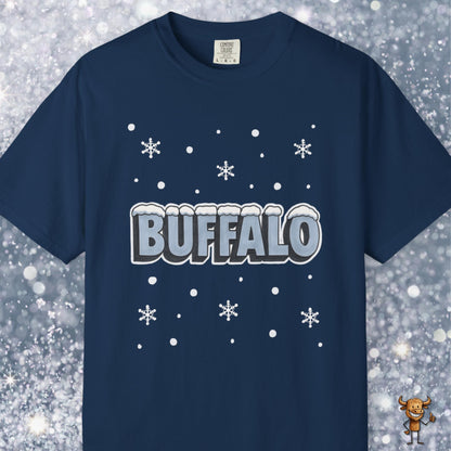 Snowcapped Buffalo word and snowflakes