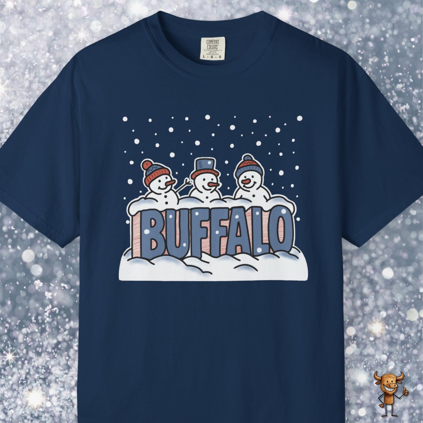 Snowcapped Buffalo word and three snowmen