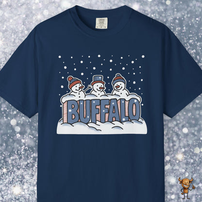 Snowcapped Buffalo word and three snowmen