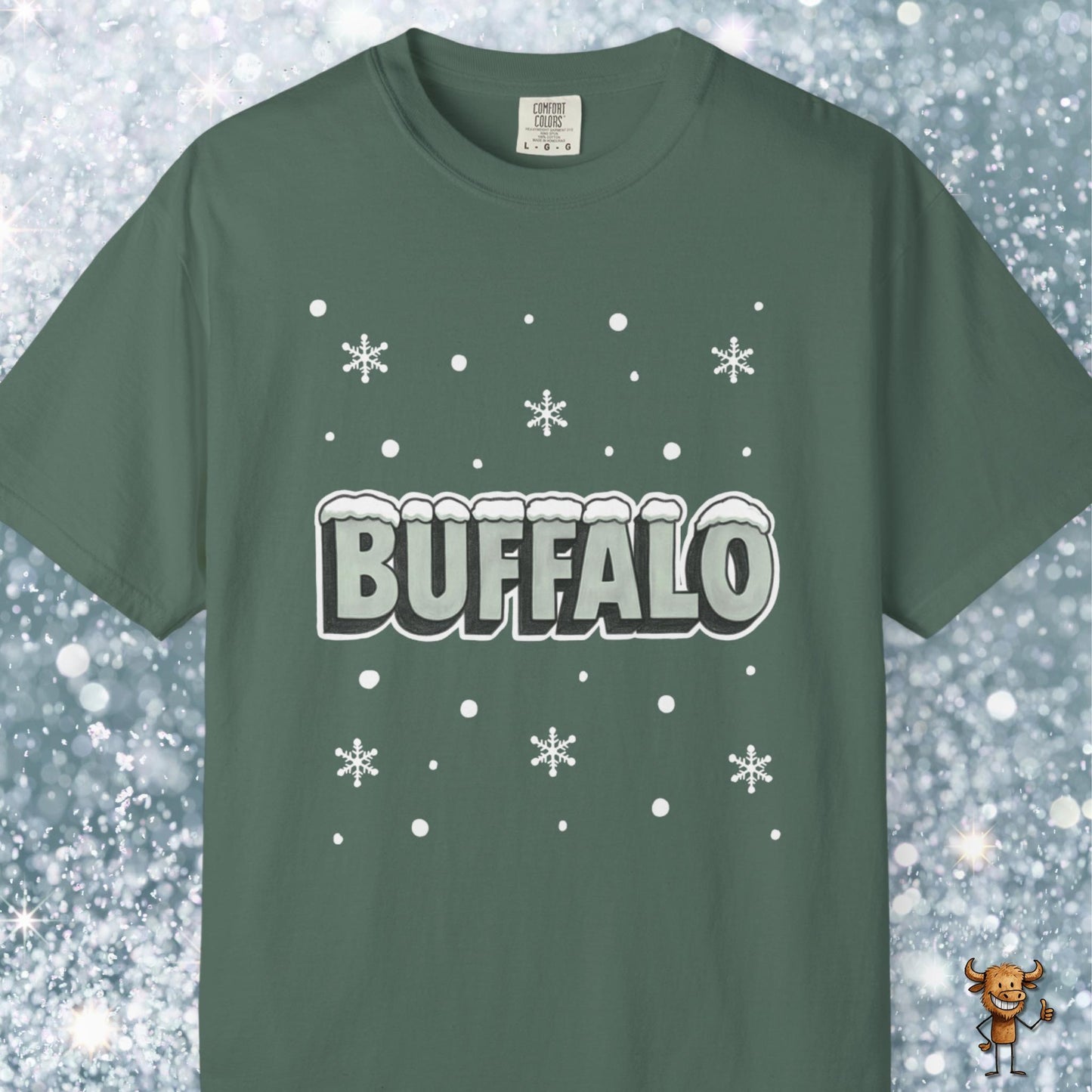 Snowcapped Buffalo word and snowflakes
