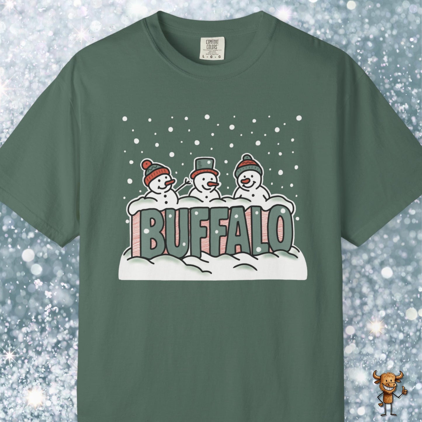 Snowcapped Buffalo word and three snowmen
