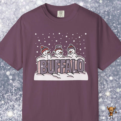 Snowcapped Buffalo word and three snowmen