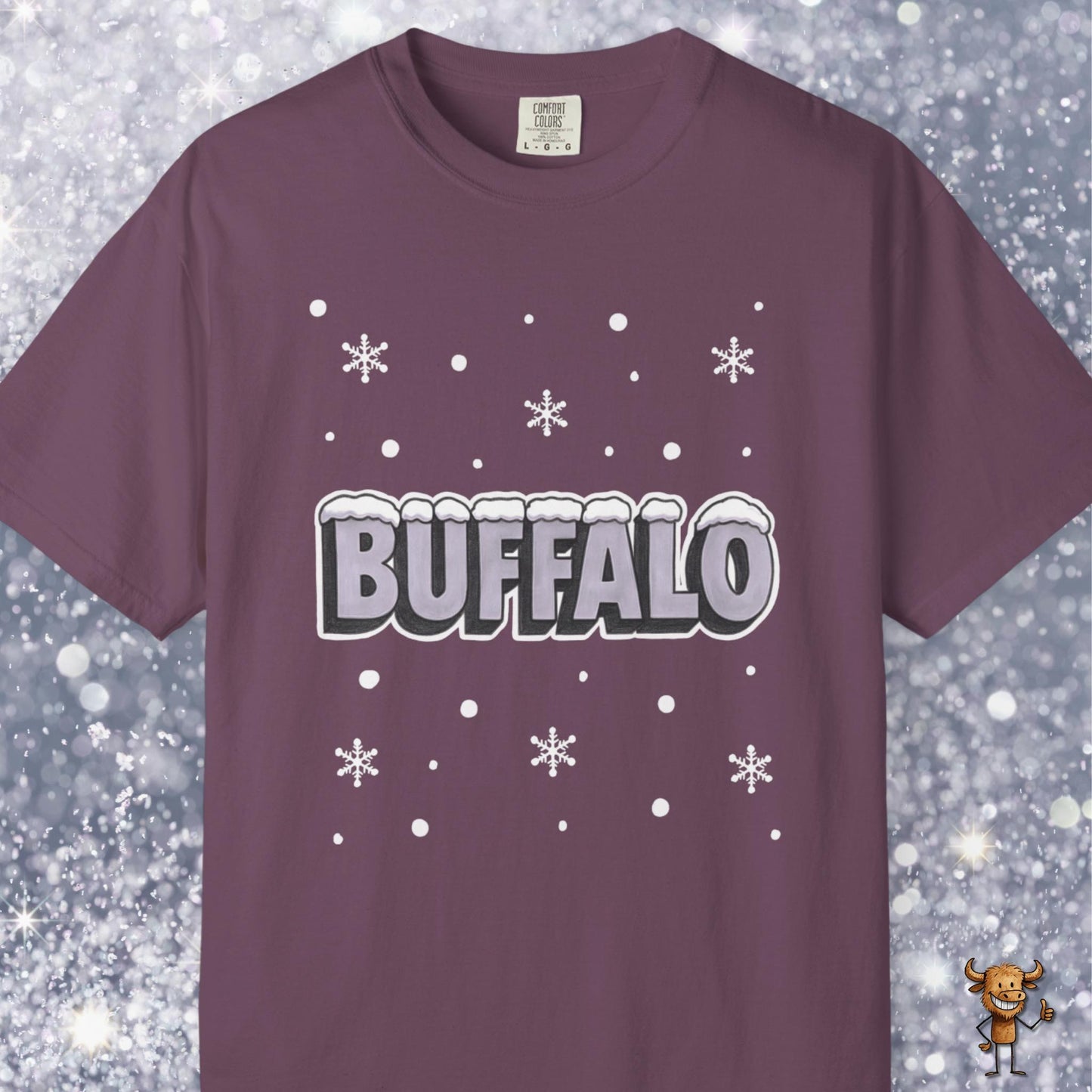 Snowcapped Buffalo word and snowflakes