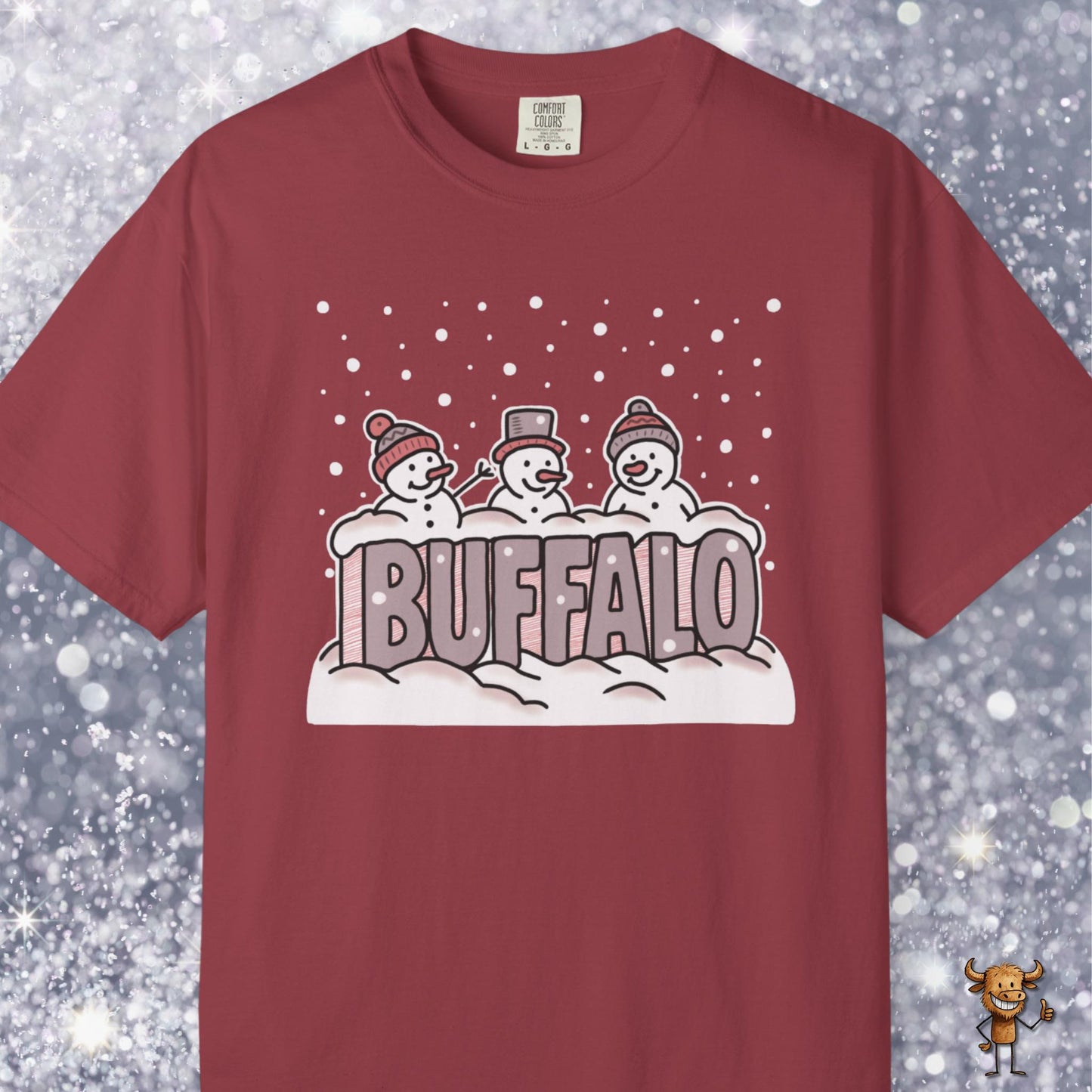Snowcapped Buffalo word and three snowmen