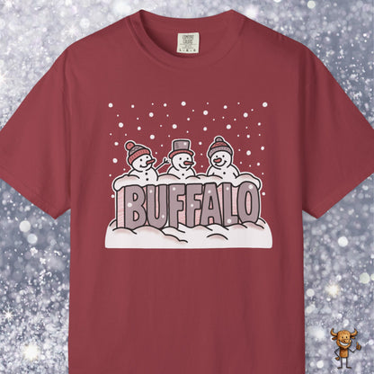 Snowcapped Buffalo word and three snowmen