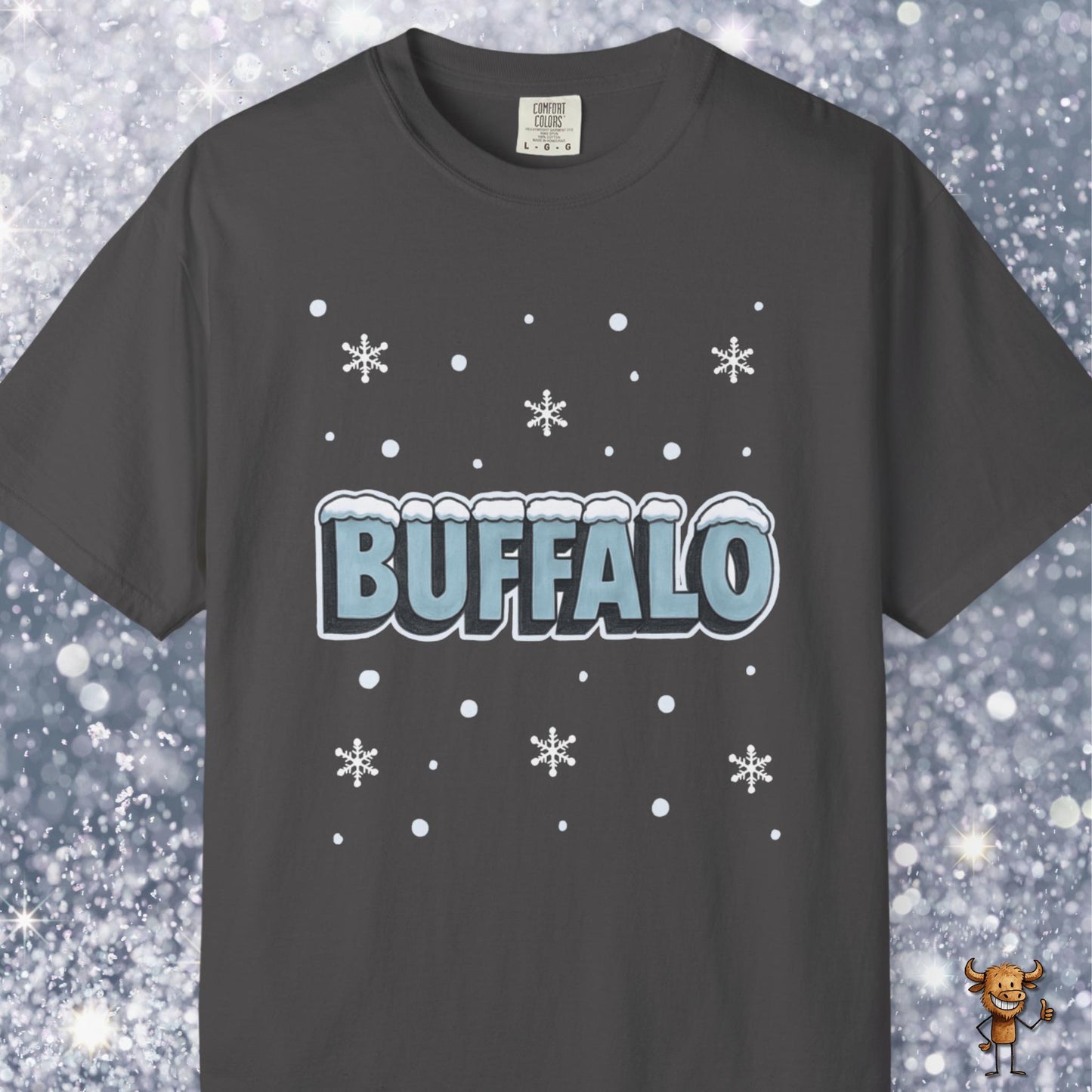 Snowcapped Buffalo word and snowflakes