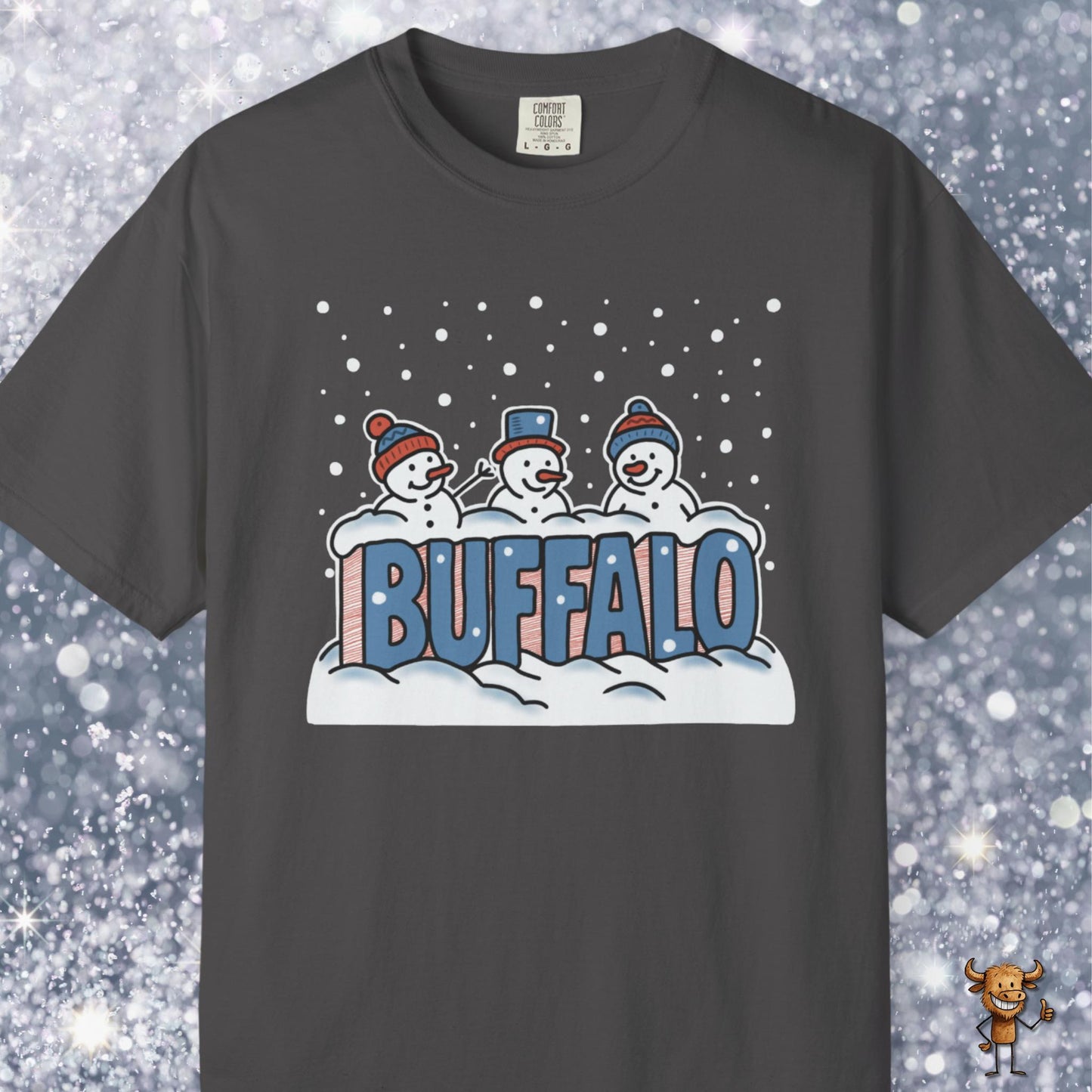 Snowcapped Buffalo word and three snowmen