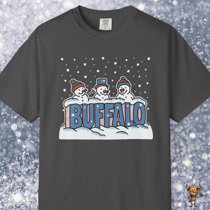 Snowcapped Buffalo word and three snowmen