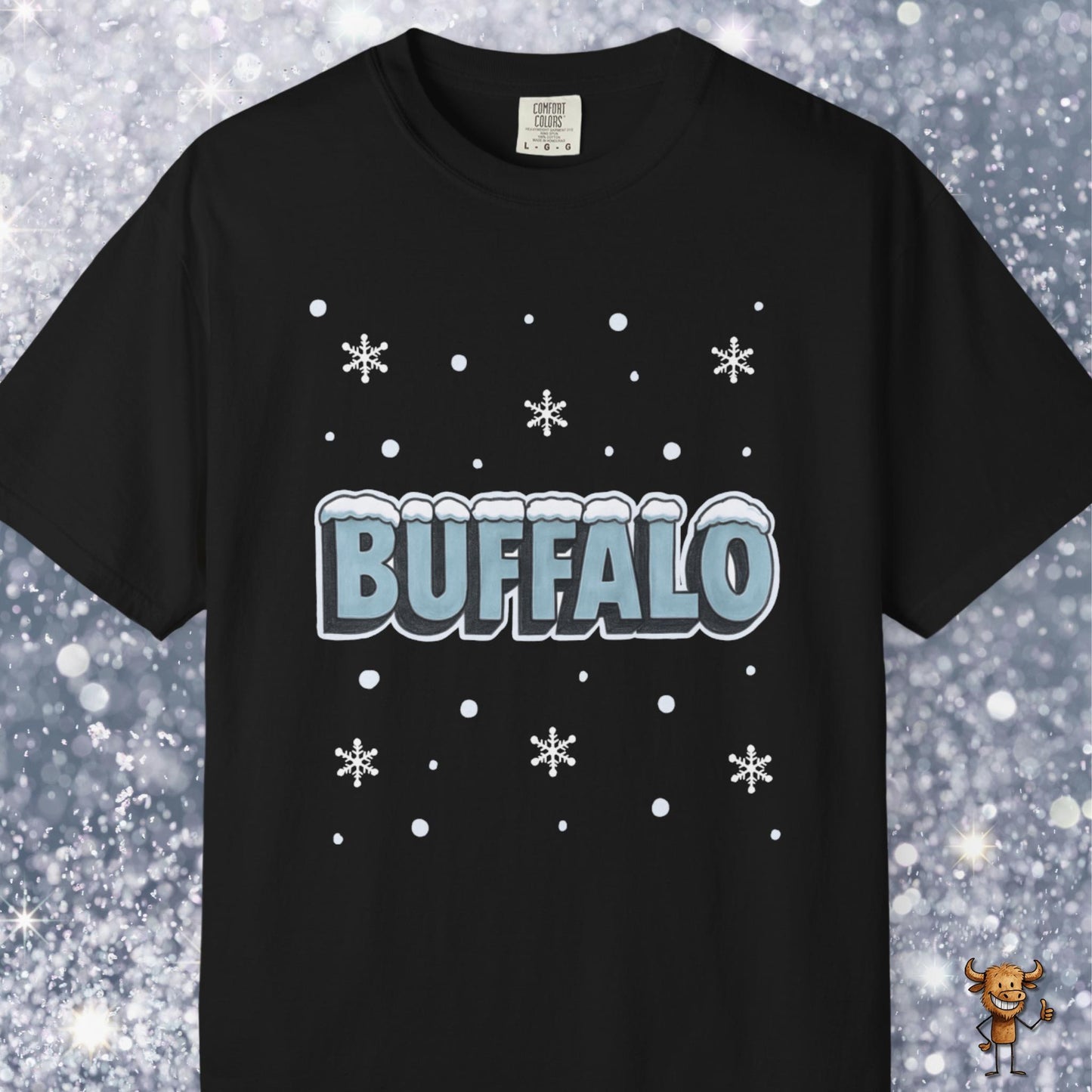 Snowcapped Buffalo word and snowflakes