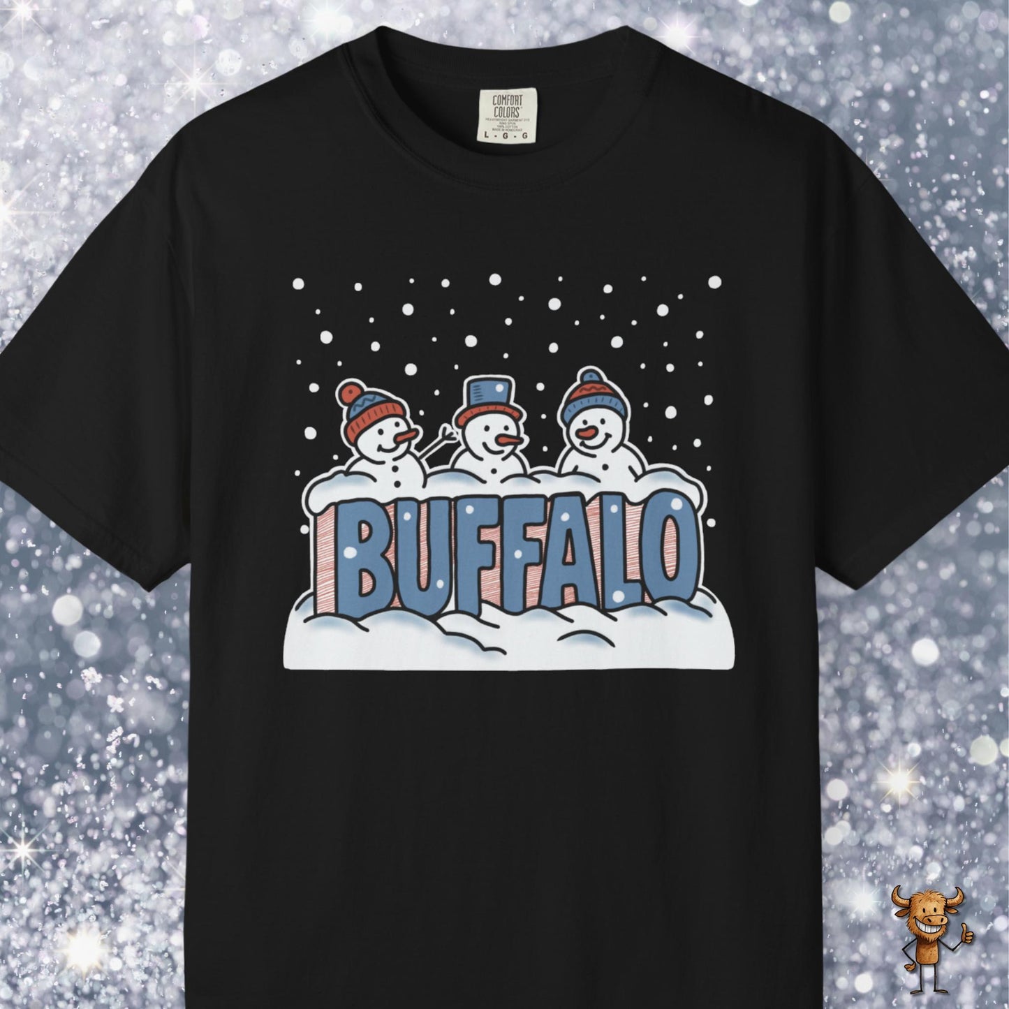 Snowcapped Buffalo word and three snowmen