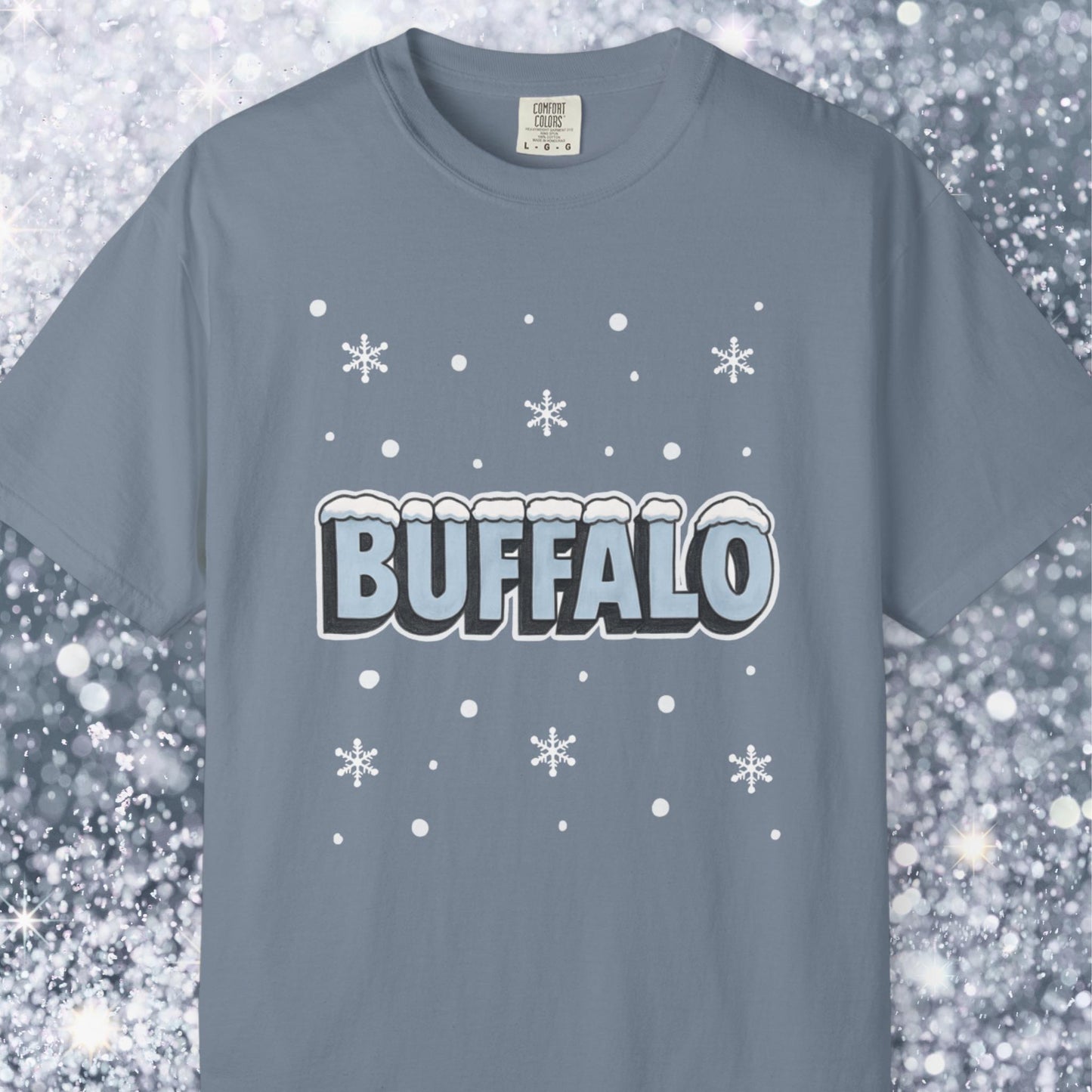 Snowcapped Buffalo word and snowflakes