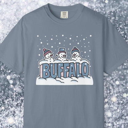 Snowcapped Buffalo word and three snowmen