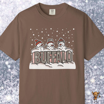 Snowcapped Buffalo word and three snowmen