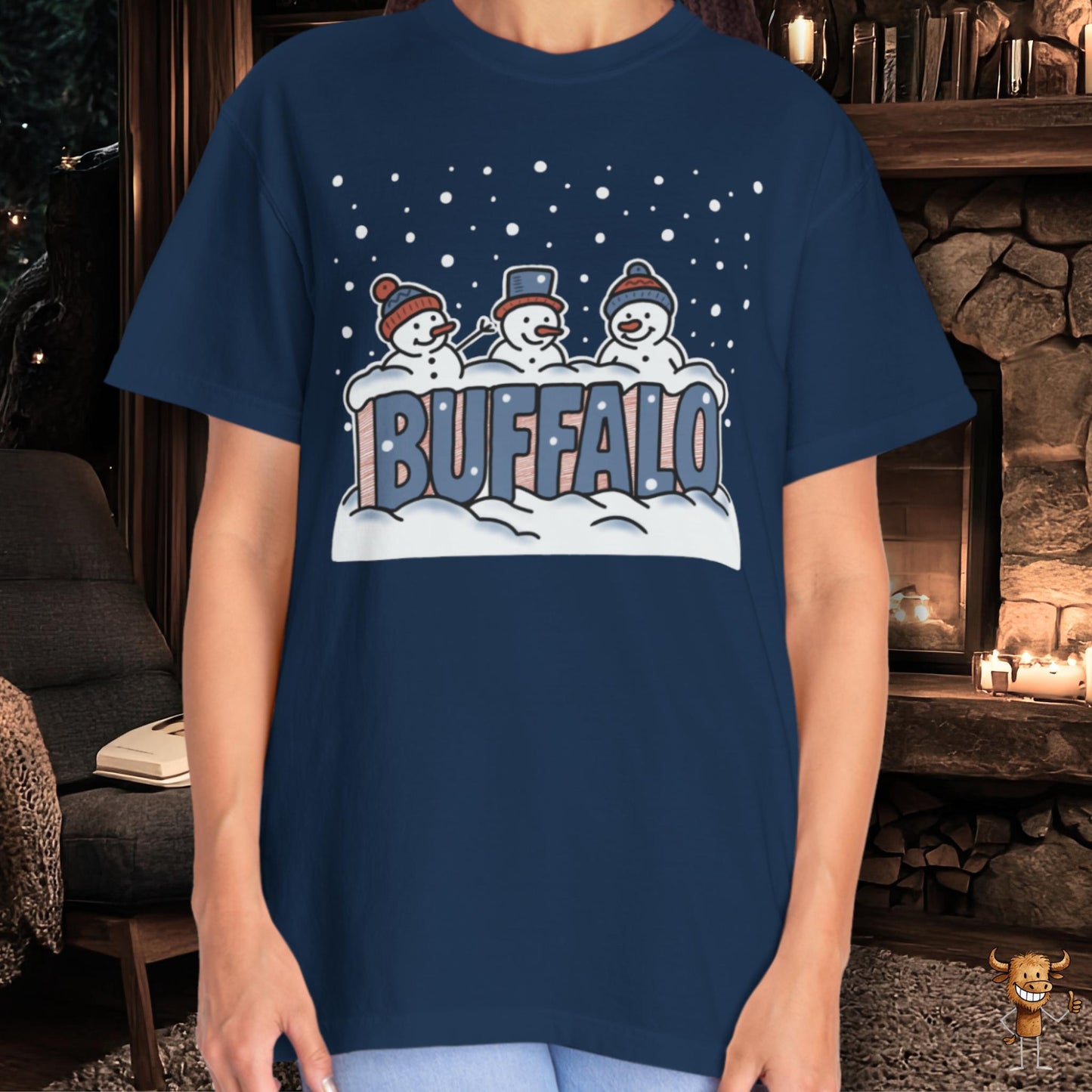 Snowcapped Buffalo word and three snowmen
