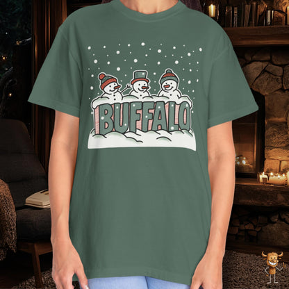 Snowcapped Buffalo word and three snowmen