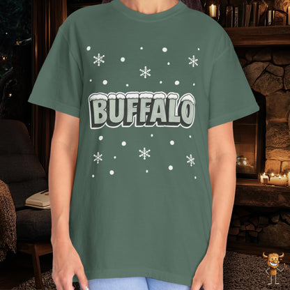 Snowcapped Buffalo word and snowflakes