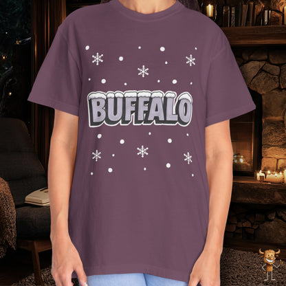 Snowcapped Buffalo word and snowflakes