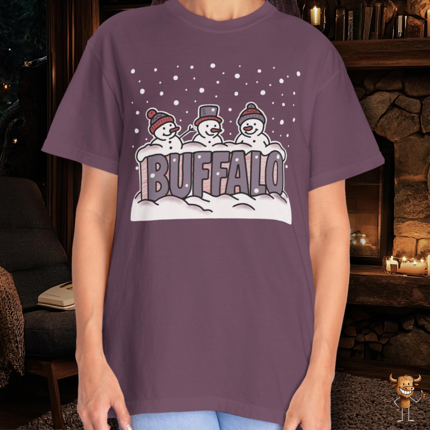 Snowcapped Buffalo word and three snowmen