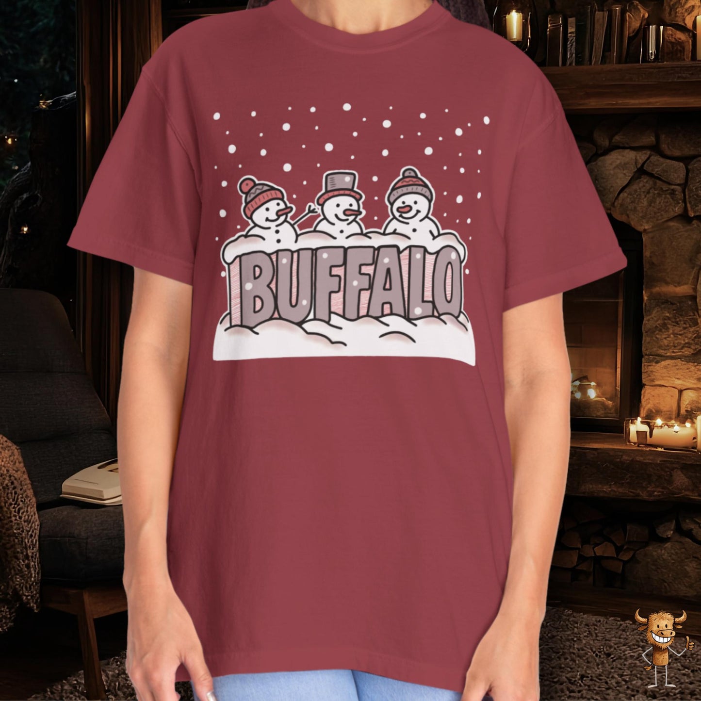 Snowcapped Buffalo word and three snowmen