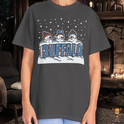 Snowcapped Buffalo word and three snowmen
