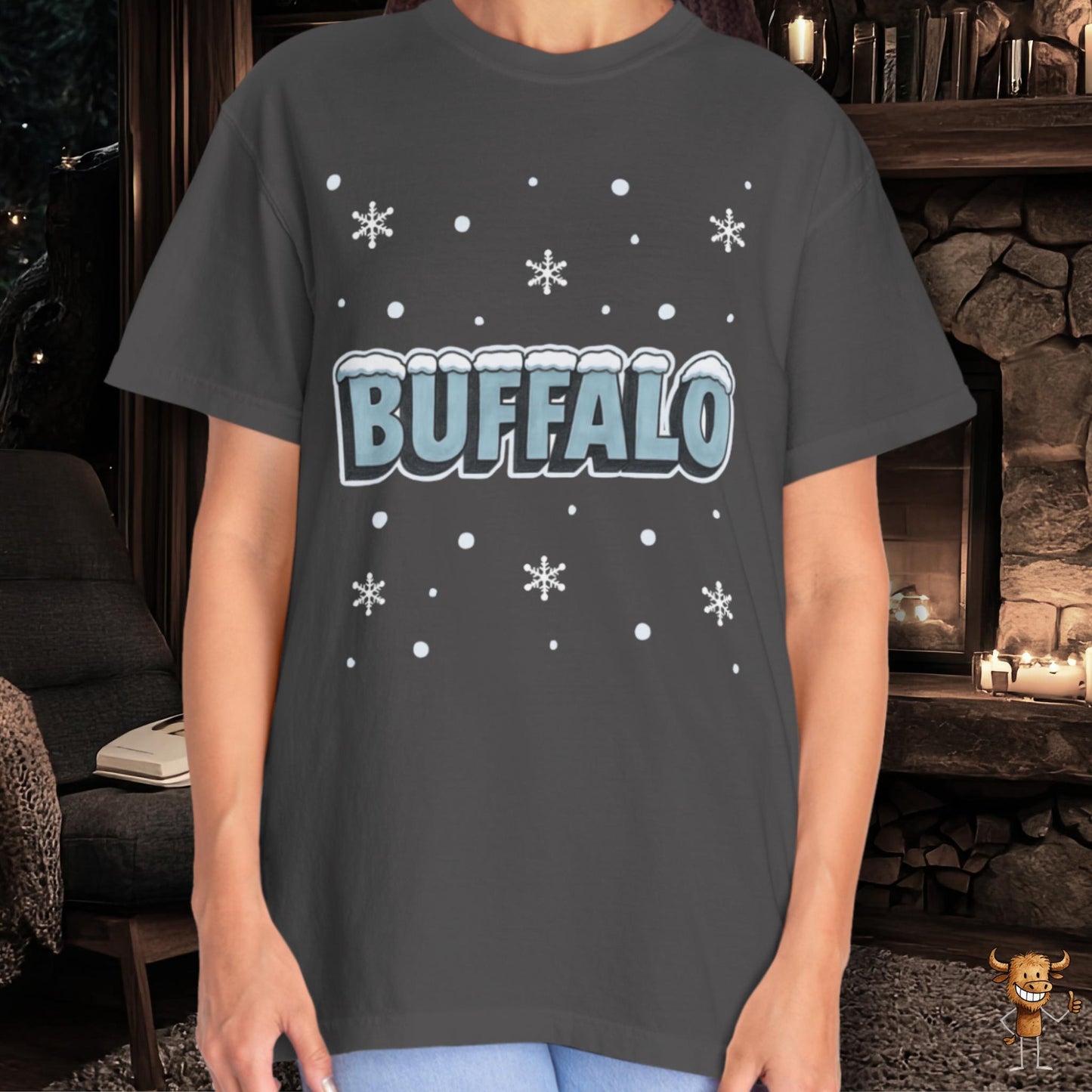 Snowcapped Buffalo word and snowflakes