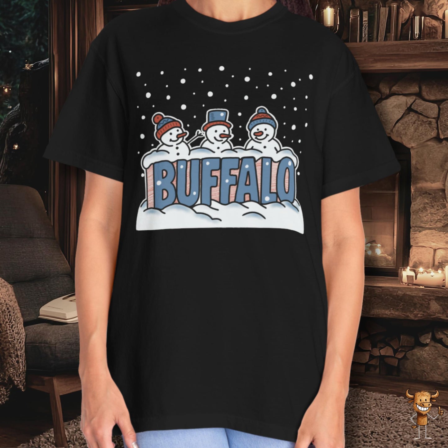 Snowcapped Buffalo word and three snowmen
