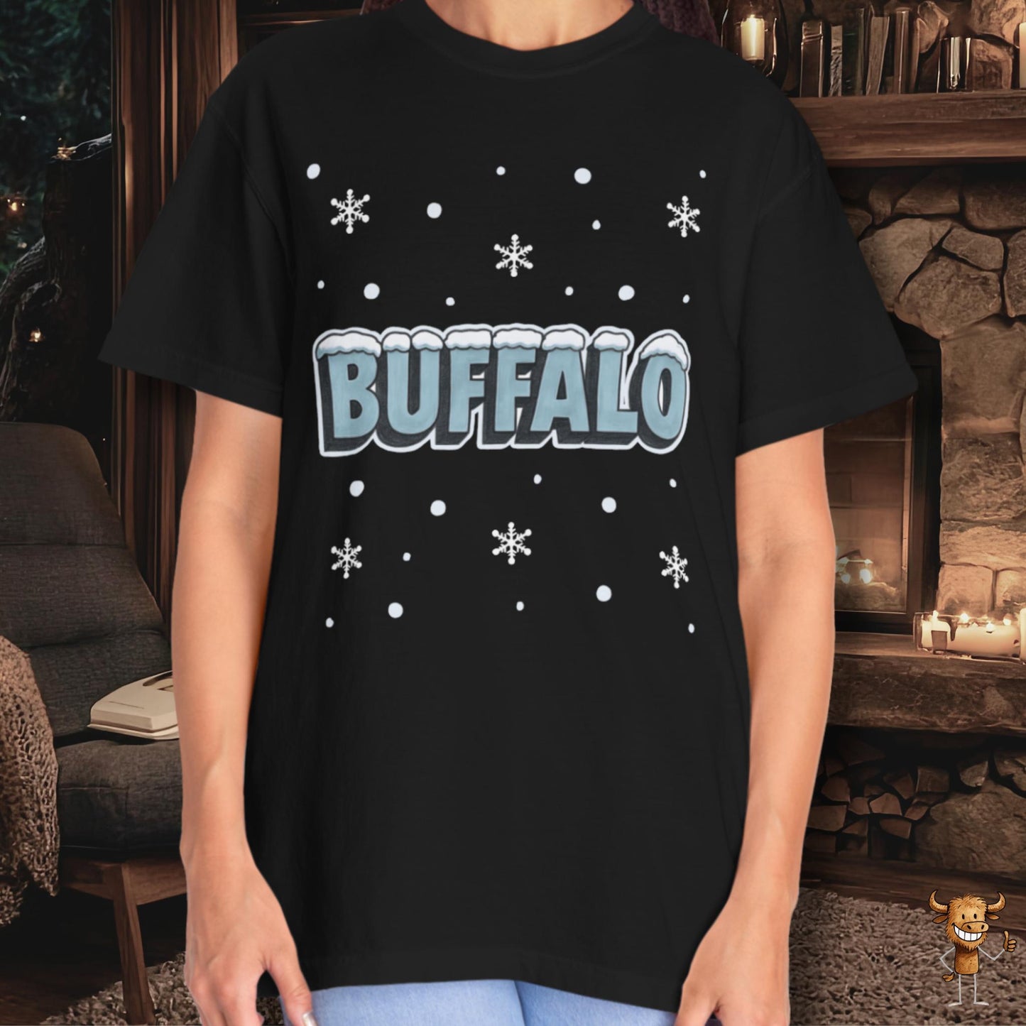 Snowcapped Buffalo word and snowflakes