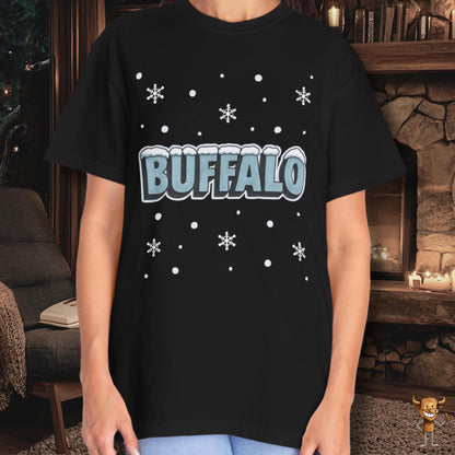 Snowcapped Buffalo word and snowflakes