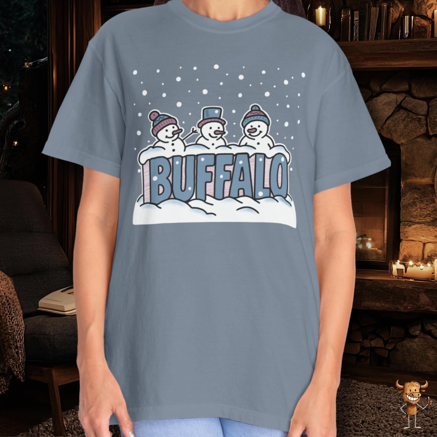 Snowcapped Buffalo word and three snowmen
