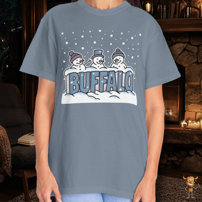 Snowcapped Buffalo word and three snowmen