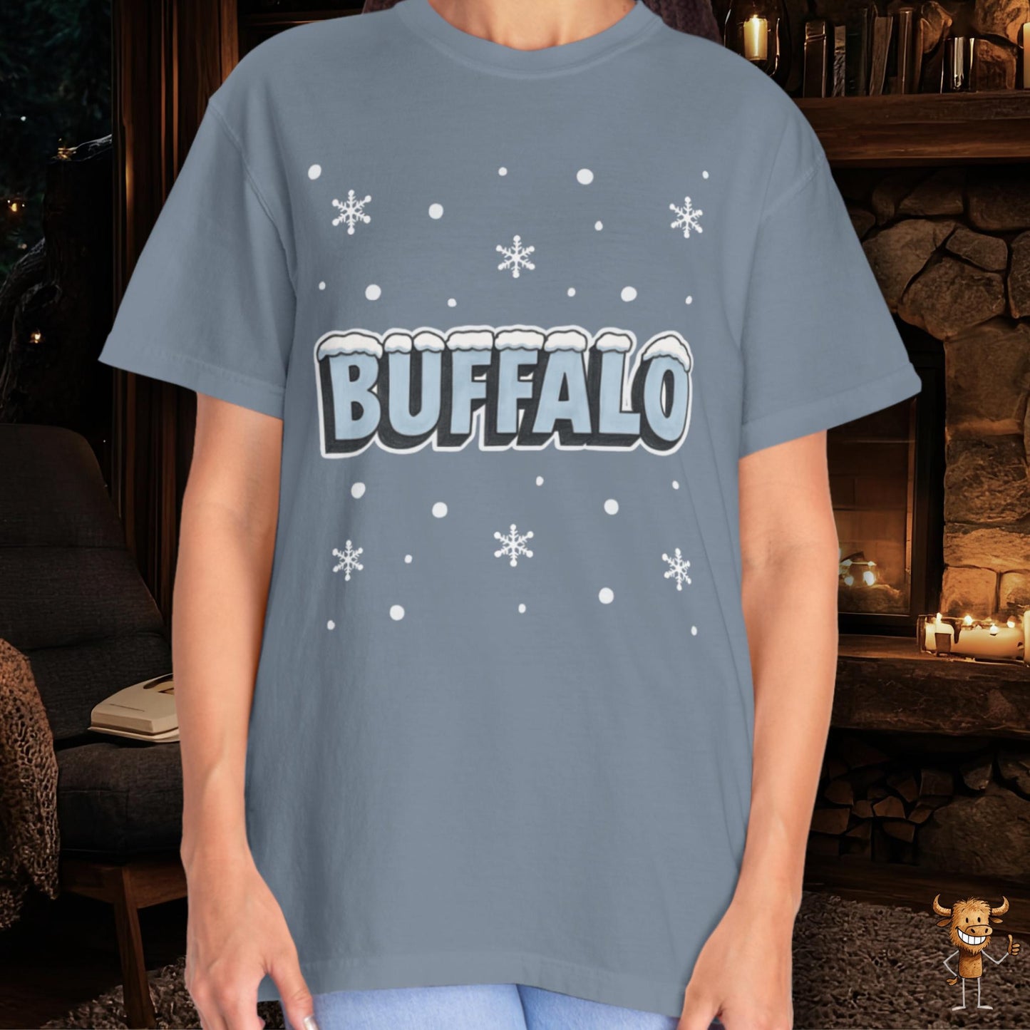 Snowcapped Buffalo word and snowflakes