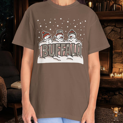 Snowcapped Buffalo word and three snowmen